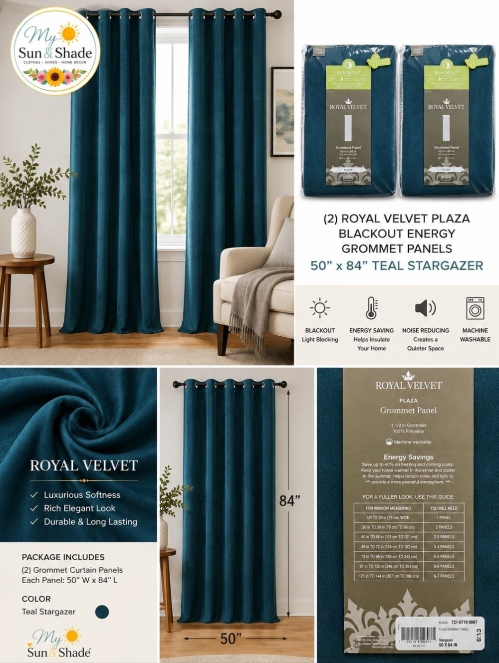 Royal Velvet Plaza Blackout Curtains Teal Stargazer 50x84 - Set of 2